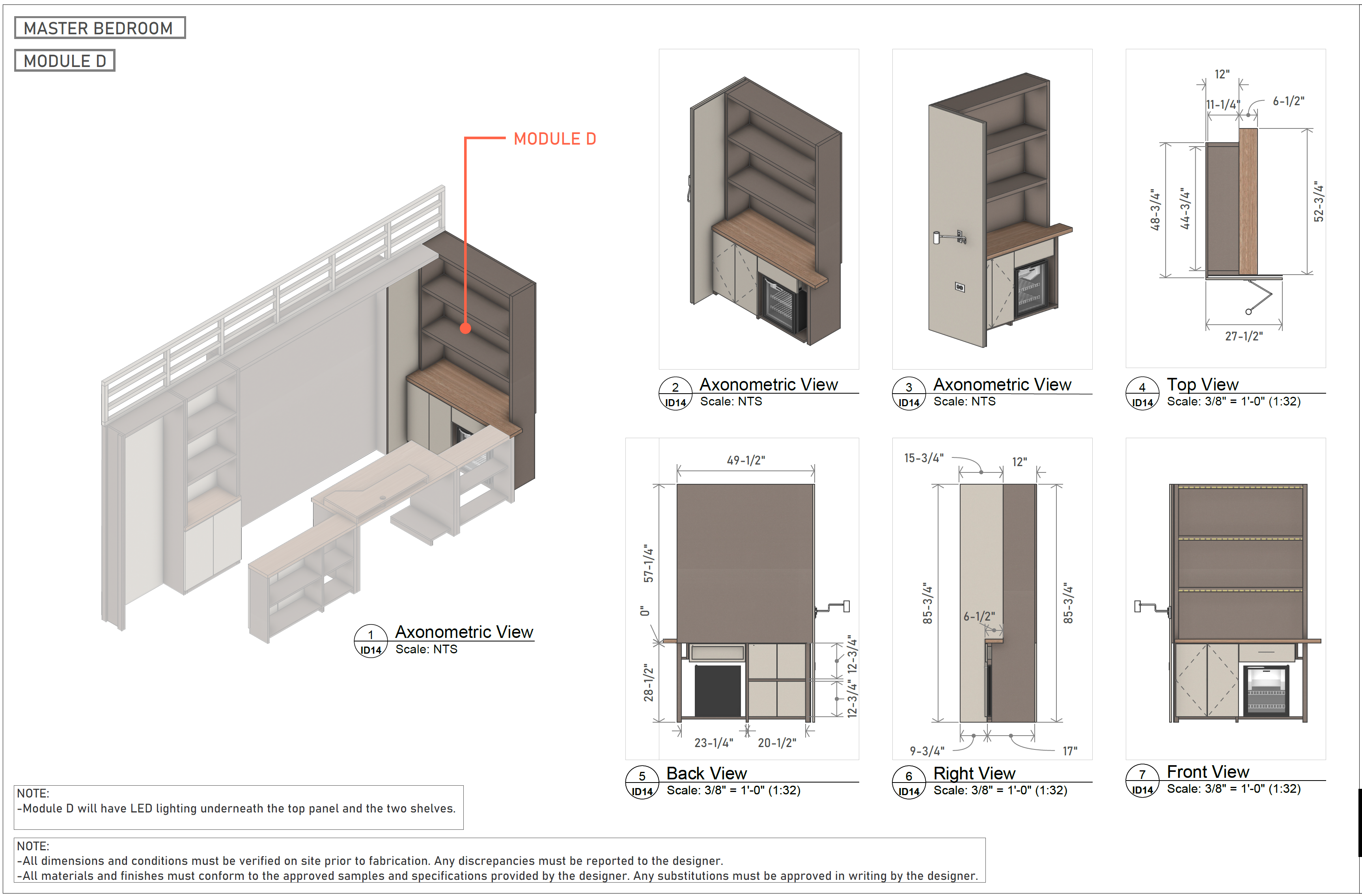 Millwork shop drawings with plan, elevations and specifications